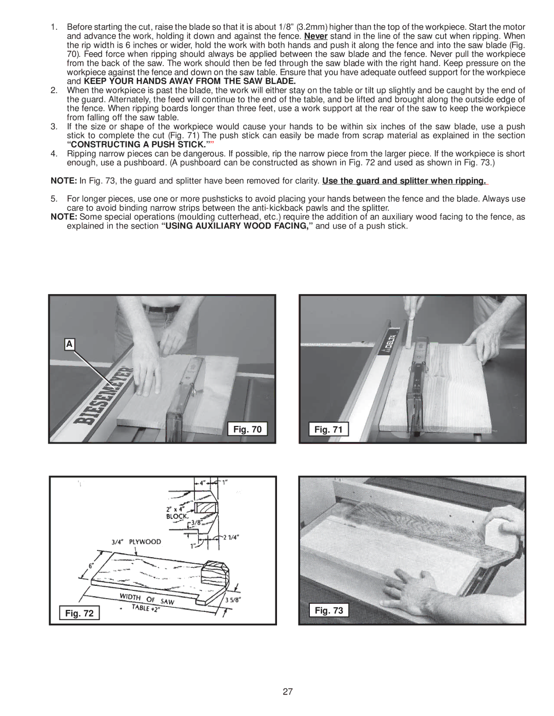 Delta 36-978, 36-979 instruction manual Constructing a Push Stick 