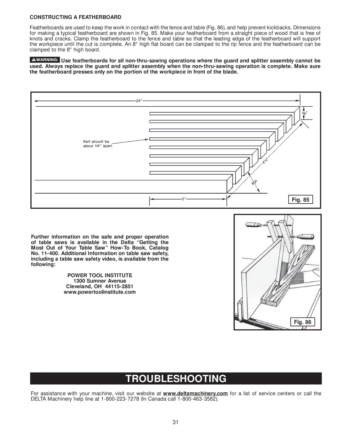 Delta 36-978, 36-979 instruction manual Troubleshooting, Constructing a Featherboard, Power Tool Institute 