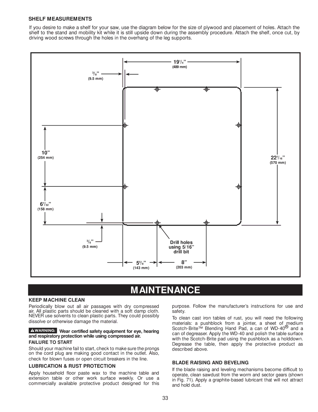 Delta 36-978, 36-979 instruction manual Maintenance, Shelf Measurements, Keep Machine Clean, Lubrication & Rust Protection 