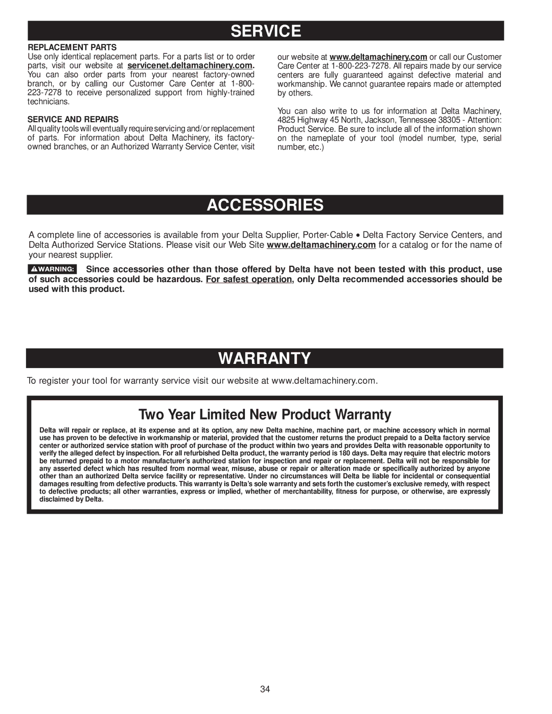 Delta 36-979, 36-978 instruction manual Accessories, Warranty, Replacement Parts, Service and Repairs 