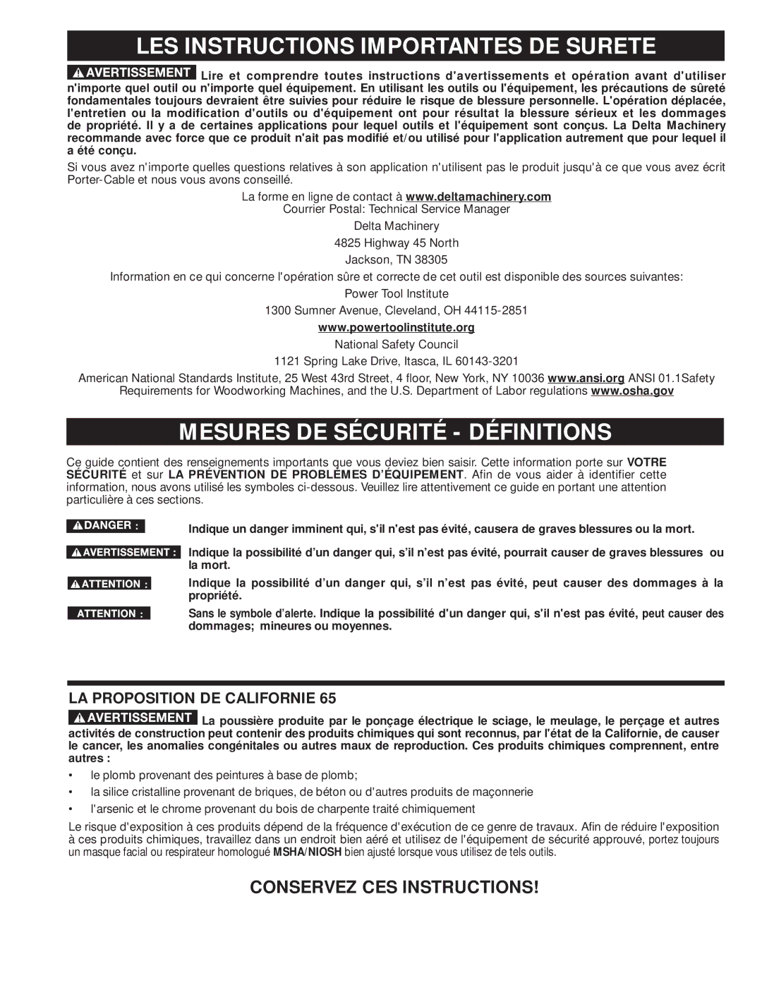 Delta 36-978, 36-979 LES Instructions Importantes DE Surete, Mesures DE Sécurité Définitions, Conservez CES Instructions 