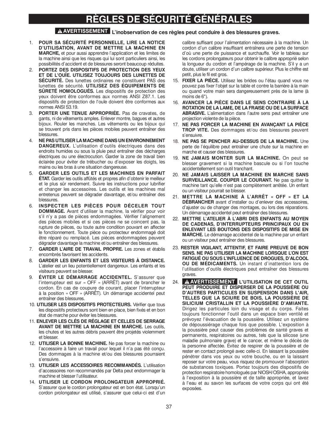 Delta 36-978, 36-979 instruction manual Règles DE Sécurité Générales, Lutilisation DE CET Outil 