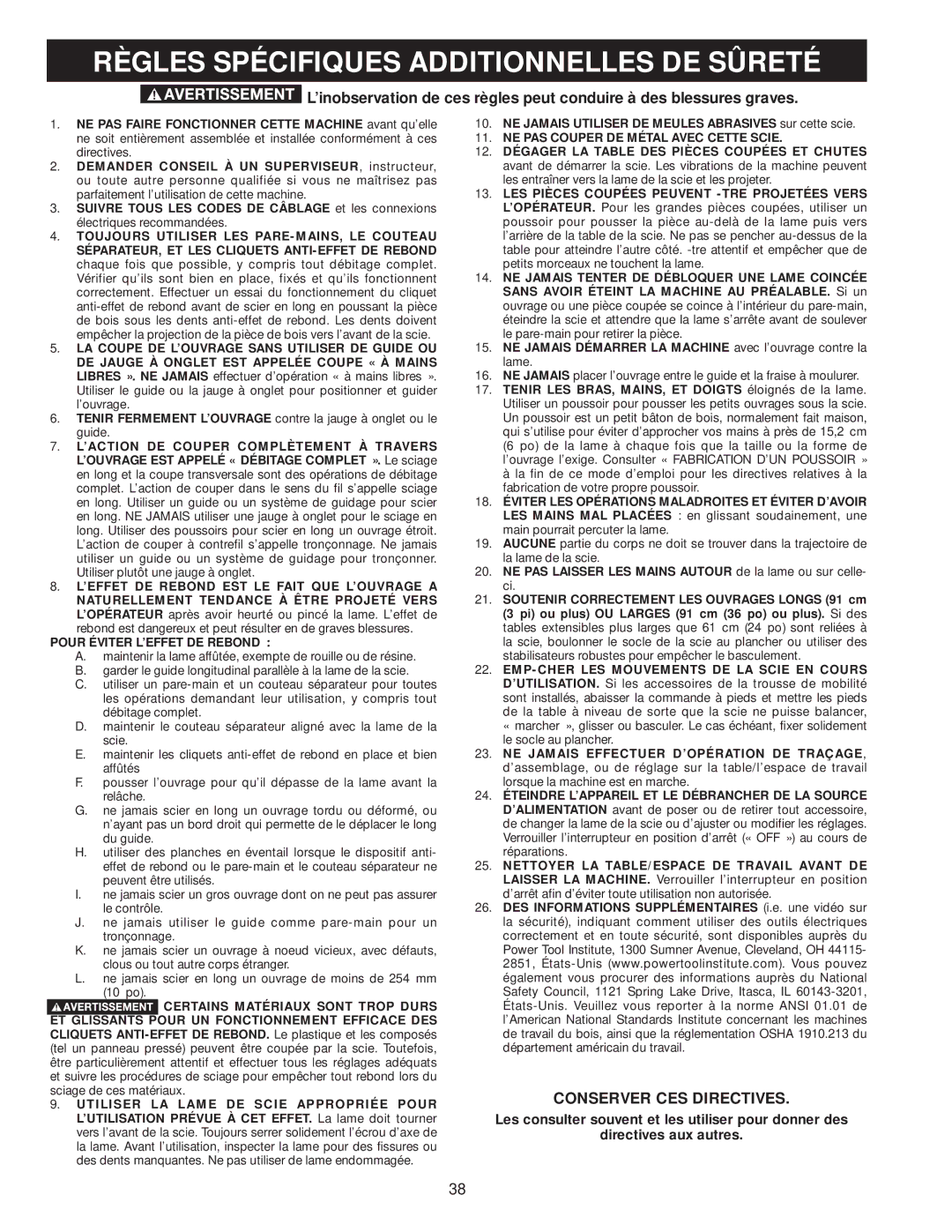 Delta 36-979, 36-978 instruction manual Règles Spécifiques Additionnelles DE Sûreté, Conserver CES Directives 