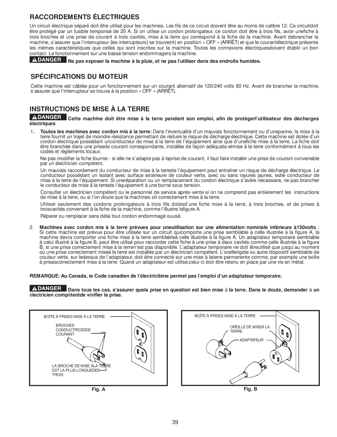 Delta 36-978, 36-979 instruction manual Raccordements Électriques, Spécifications DU Moteur, Instructions DE Mise À LA Terre 