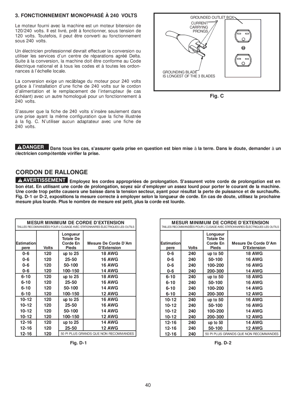 Delta 36-979, 36-978 Cordon DE Rallonge, Fonctionnement Monophasé À 240 Volts, Mesur Minimum DE Corde D’EXTENSION 