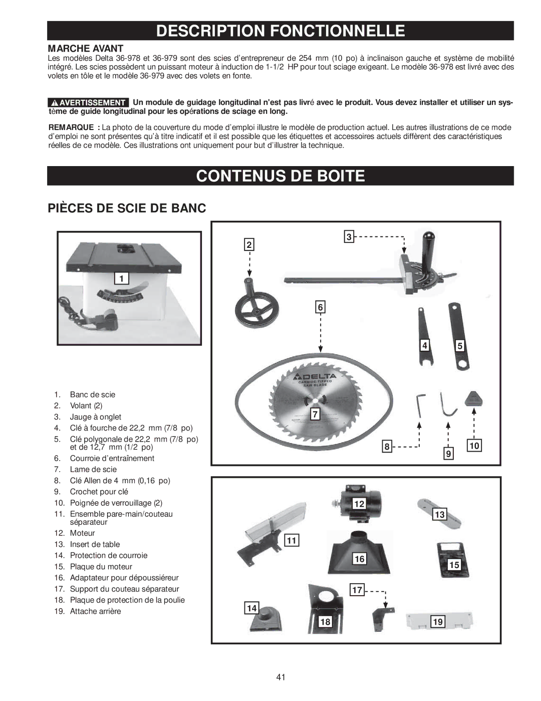 Delta 36-978, 36-979 instruction manual Description Fonctionnelle, Contenus DE Boite, Pièces DE Scie DE Banc, Marche Avant 