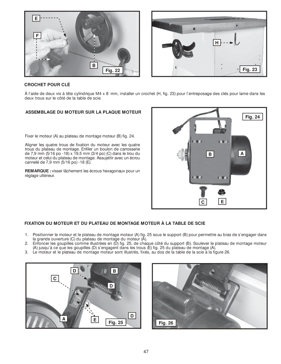 Delta 36-978, 36-979 instruction manual Crochet Pour CLÉ, Assemblage DU Moteur SUR LA Plaque Moteur 