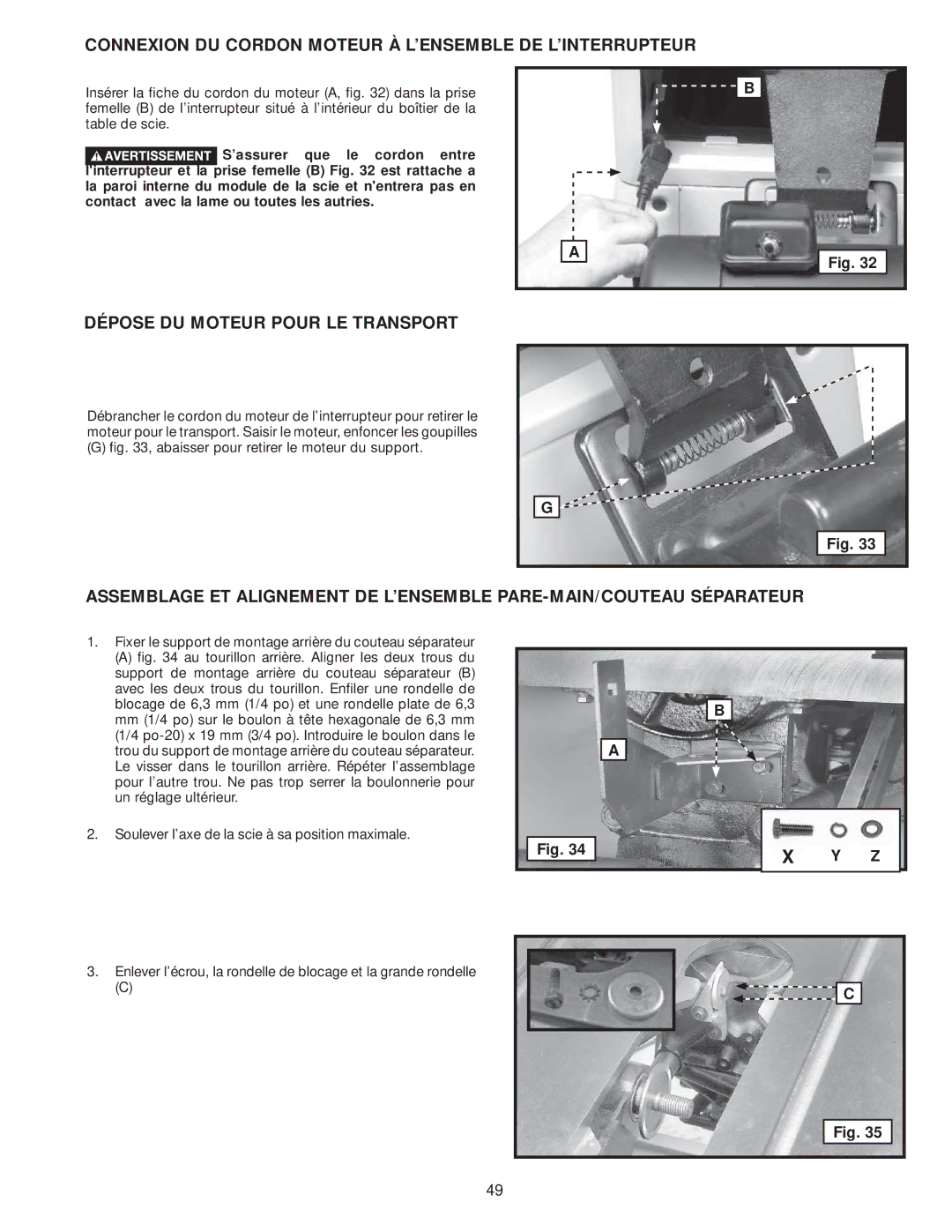 Delta 36-978, 36-979 Connexion DU Cordon Moteur À L’ENSEMBLE DE L’INTERRUPTEUR, Dépose DU Moteur Pour LE Transport 