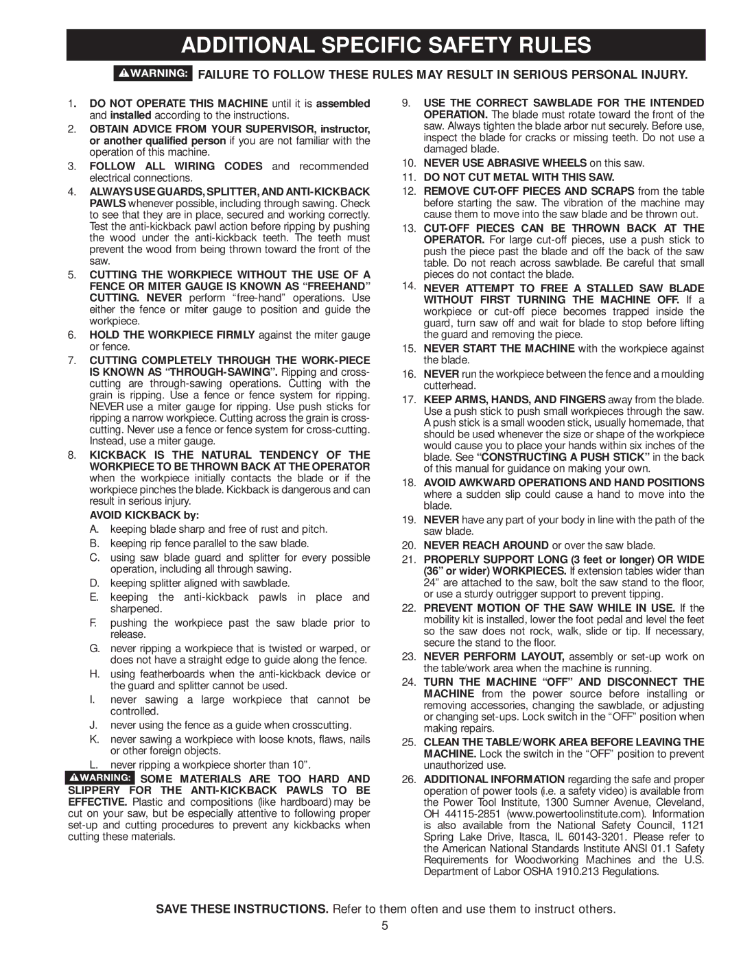 Delta 36-978, 36-979 instruction manual Additional Specific Safety Rules, Do not CUT Metal with this SAW 