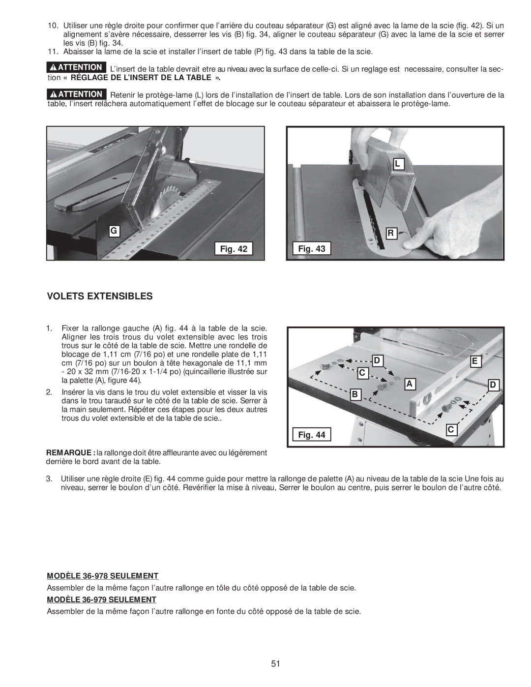 Delta instruction manual Volets Extensibles, Modèle 36-978 Seulement, Modèle 36-979 Seulement 