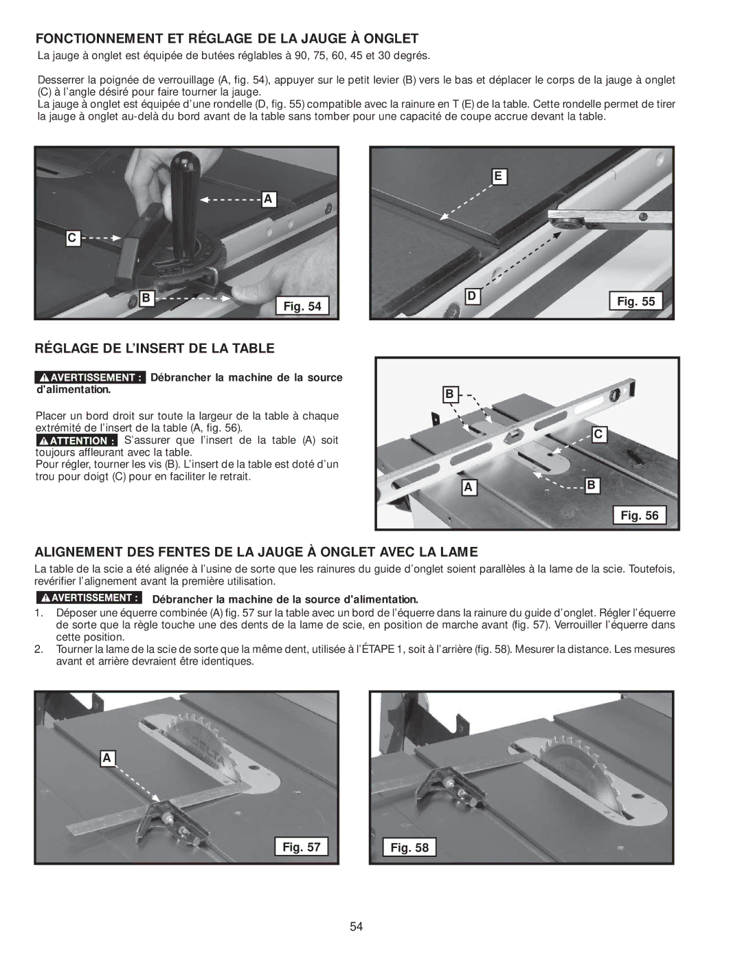 Delta 36-979, 36-978 instruction manual Fonctionnement ET Réglage DE LA Jauge À Onglet, Réglage DE L’INSERT DE LA Table 