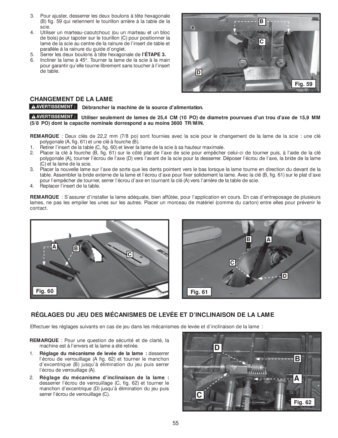 Delta 36-978, 36-979 instruction manual Changement DE LA Lame, Réglage du mécanisme de levée de la lame desserrer 