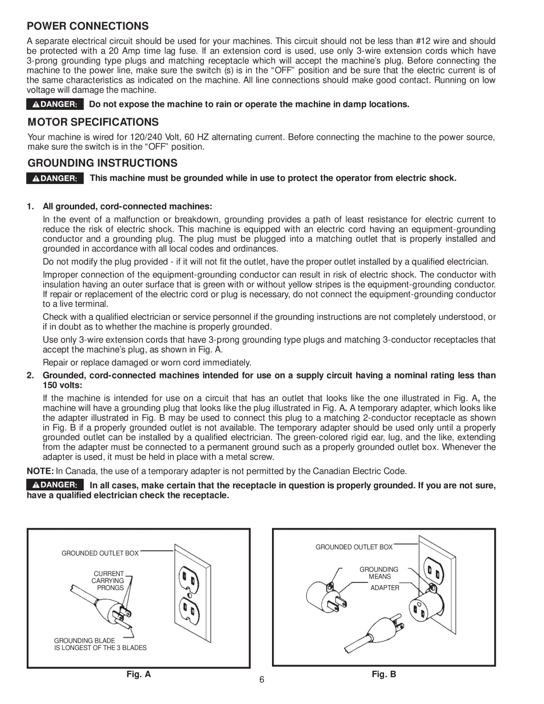 Delta 36-979, 36-978 instruction manual Power Connections, Motor Specifications, Grounding Instructions 