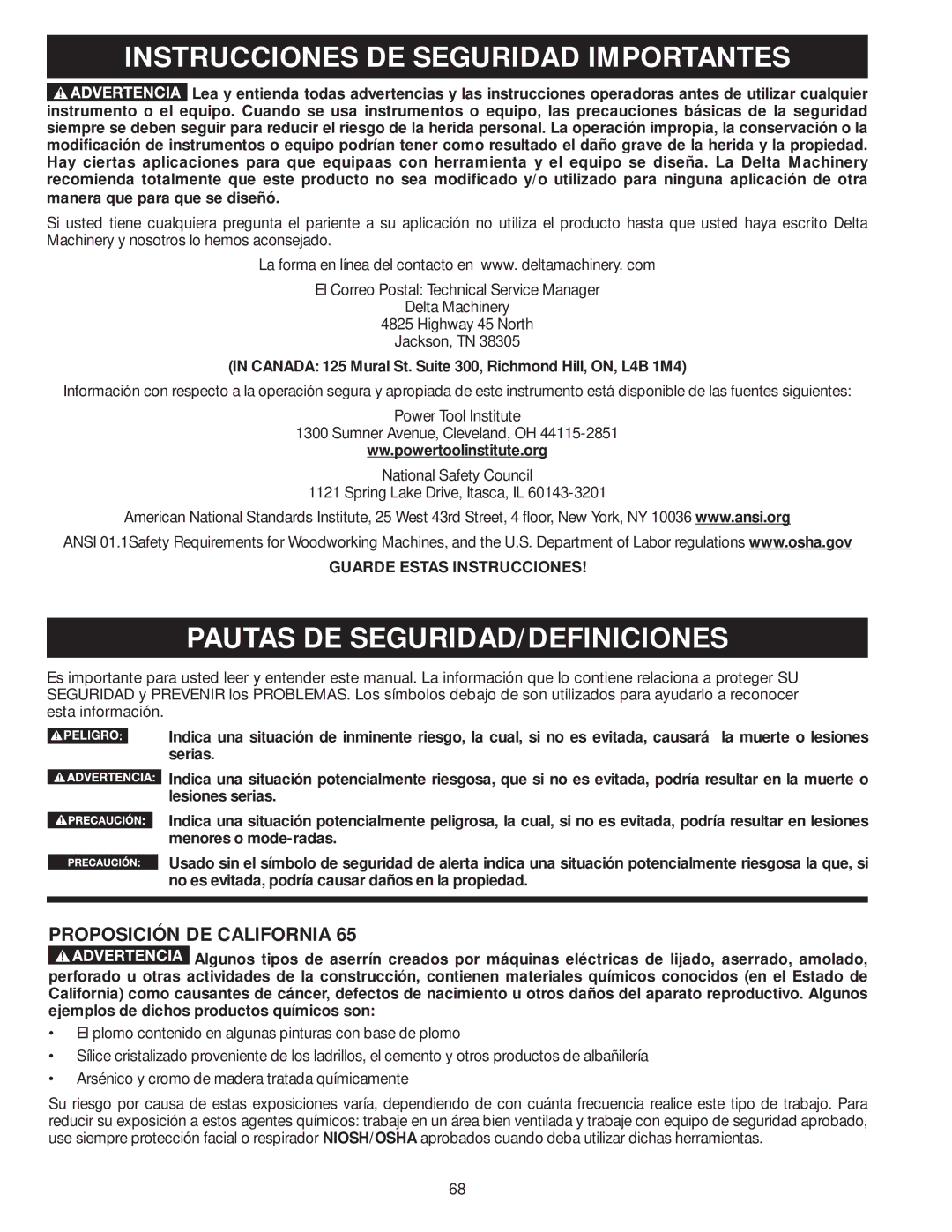 Delta 36-979, 36-978 Instrucciones DE Seguridad Importantes, Pautas DE SEGURIDAD/DEFINICIONES, Proposición DE California 