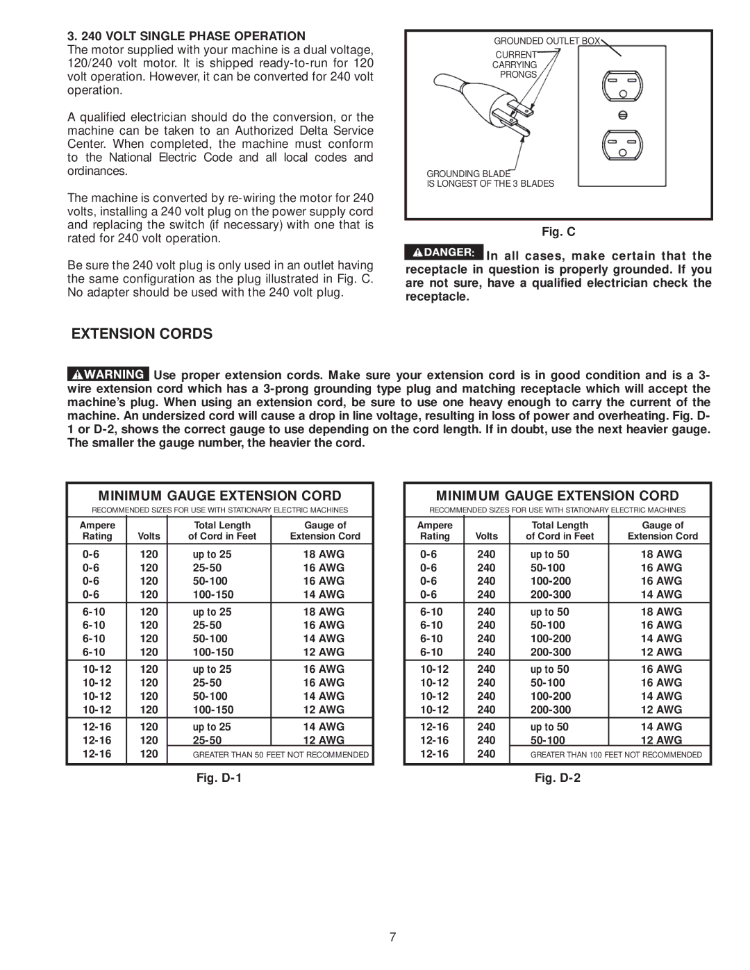 Delta 36-978, 36-979 instruction manual Extension Cords, Minimum Gauge Extension Cord, Volt Single Phase Operation 