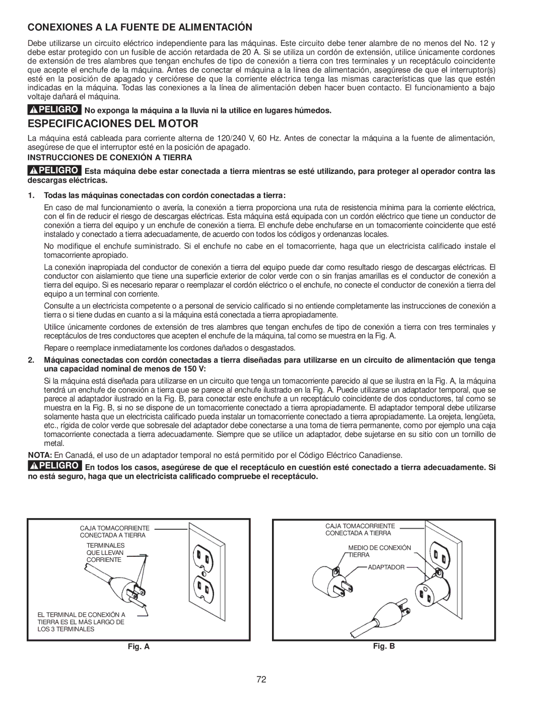 Delta 36-979 Especificaciones DEL Motor, Conexiones a LA Fuente DE Alimentación, Instrucciones DE Conexión a Tierra 