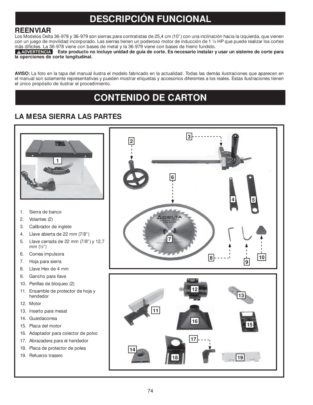 Delta 36-979, 36-978 instruction manual Descripción Funcional, Contenido DE Carton, Reenviar, LA Mesa Sierra LAS Partes 