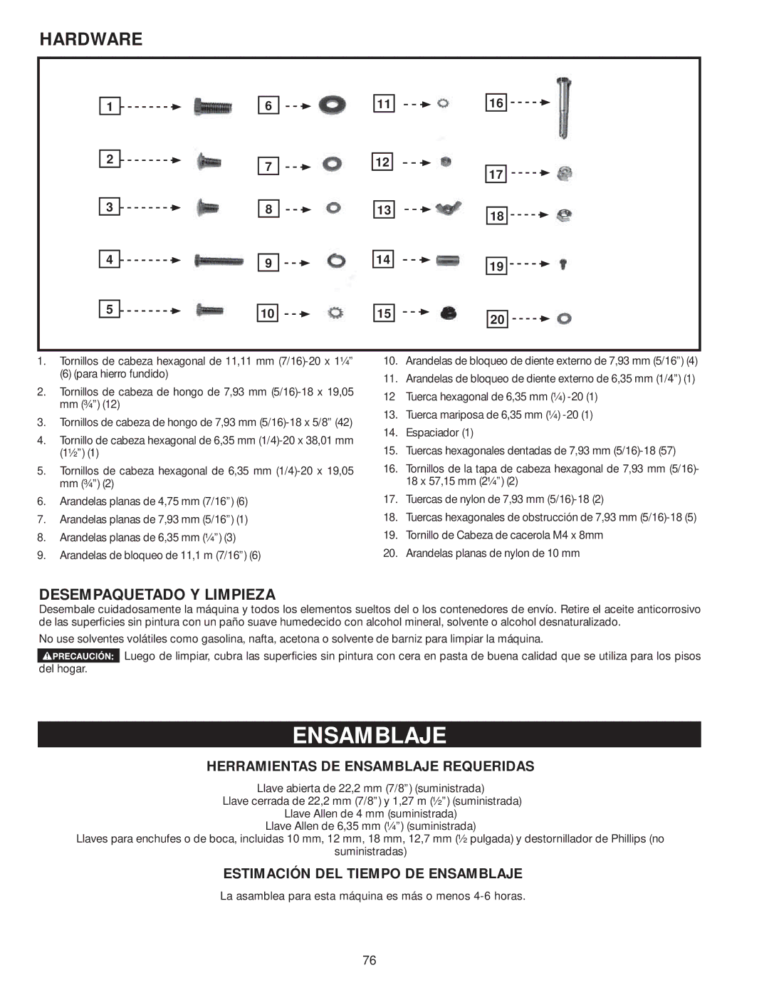 Delta 36-979 Desempaquetado Y Limpieza, Herramientas DE Ensamblaje Requeridas, Estimación DEL Tiempo DE Ensamblaje 