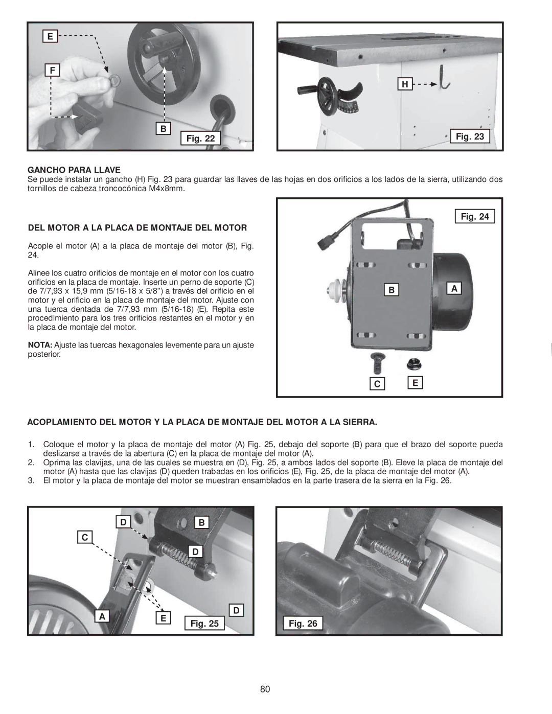 Delta 36-979, 36-978 instruction manual Gancho Para Llave, DEL Motor a LA Placa DE Montaje DEL Motor 