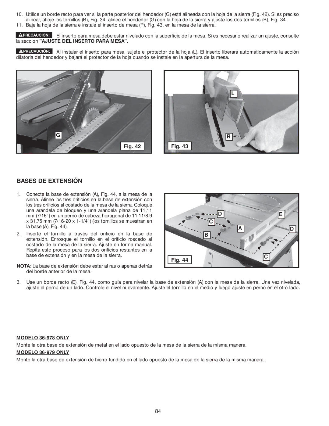 Delta instruction manual Bases DE Extensión, Modelo 36-978 only, Modelo 36-979 only 