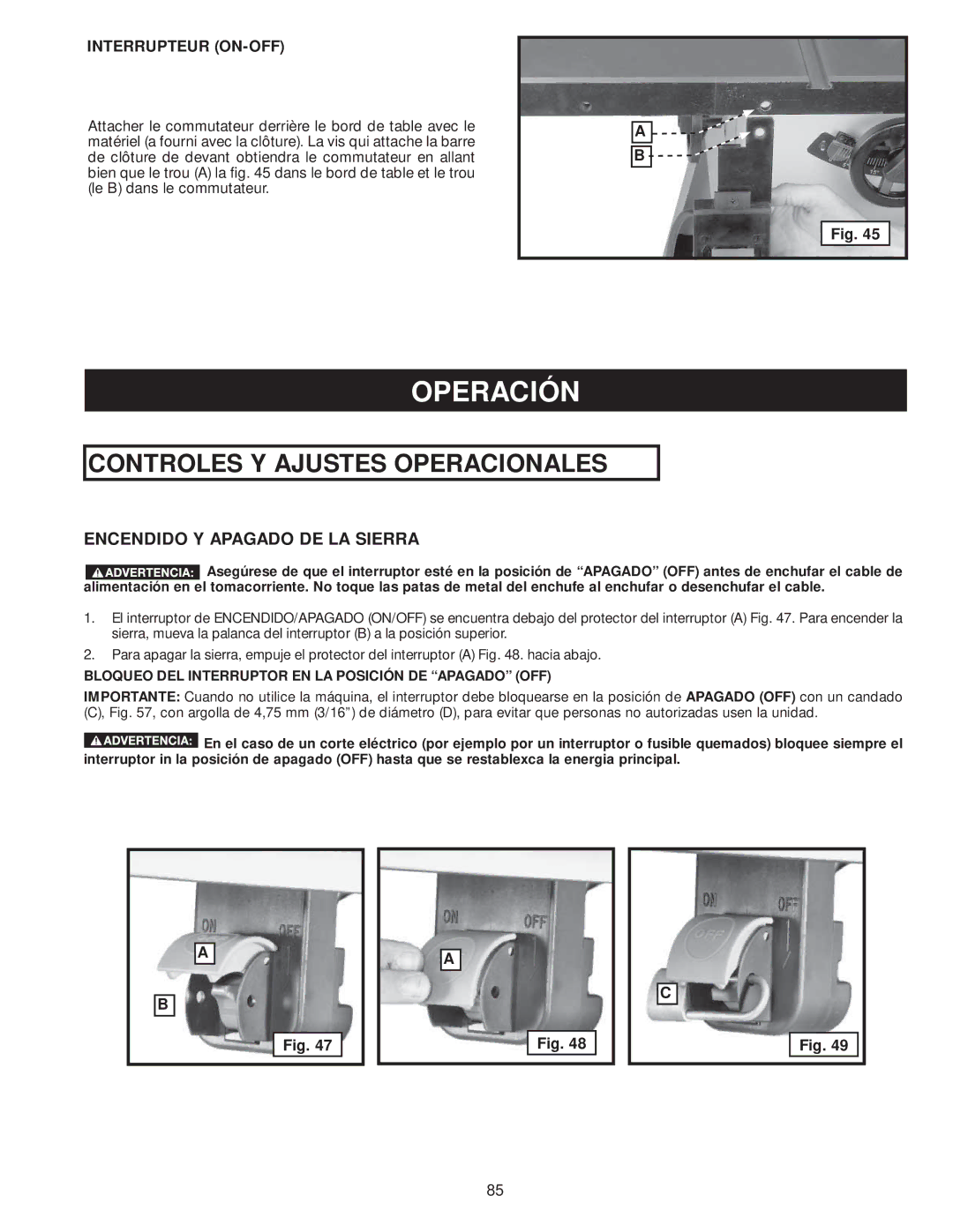 Delta 36-978, 36-979 instruction manual Operación, Encendido Y Apagado DE LA Sierra, Interrupteur ON-OFF 