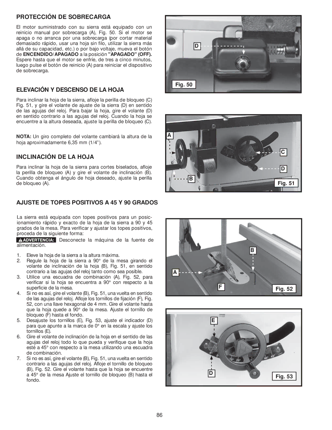 Delta 36-979, 36-978 instruction manual Protección DE Sobrecarga, Elevación Y Descenso DE LA Hoja, Inclinación DE LA Hoja 