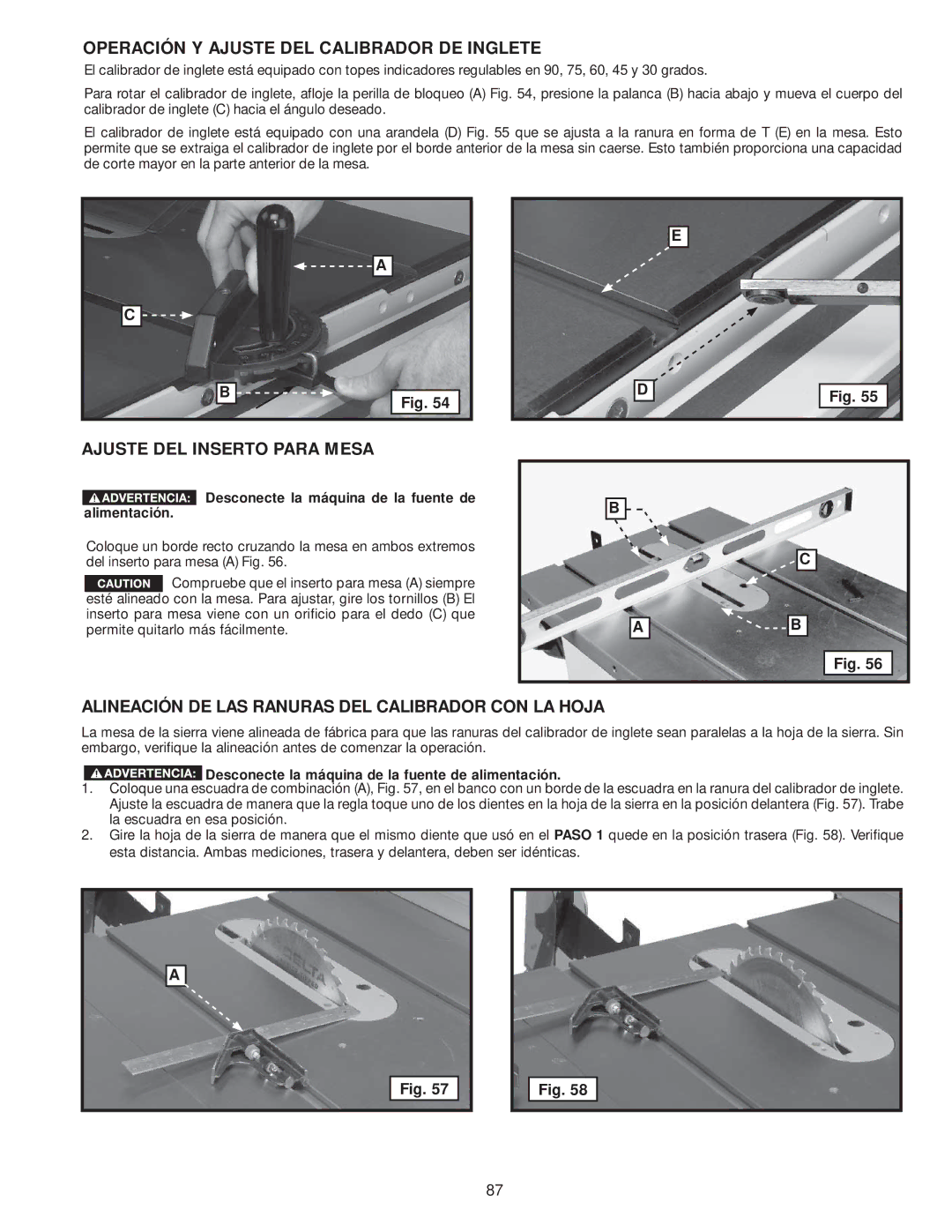 Delta 36-978, 36-979 instruction manual Operación Y Ajuste DEL Calibrador DE Inglete, Ajuste DEL Inserto Para Mesa 