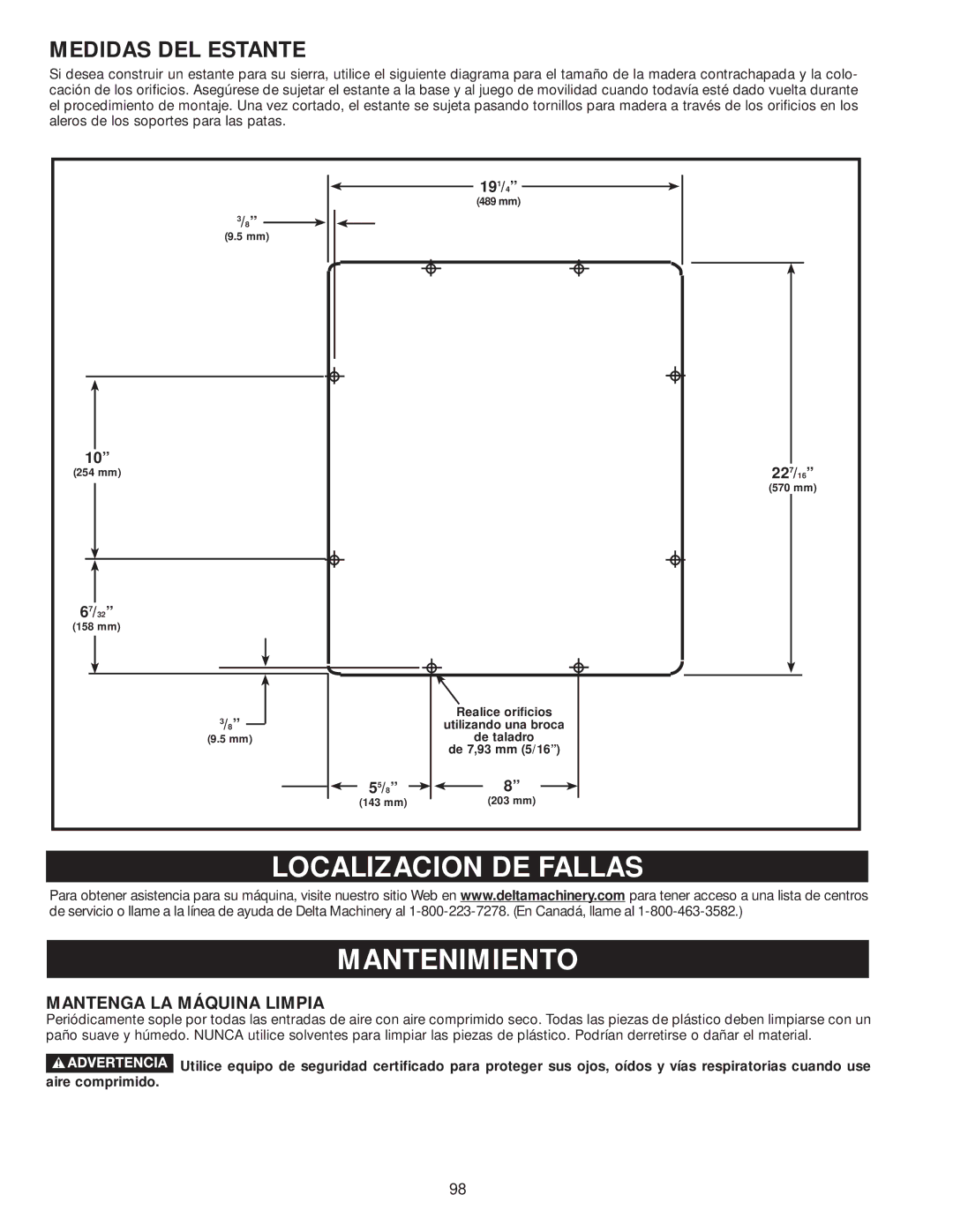 Delta 36-979, 36-978 Localizacion DE Fallas Mantenimiento, Medidas DEL Estante, Mantenga LA Máquina Limpia 