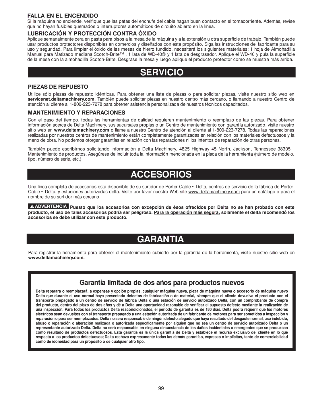 Delta 36-978, 36-979 instruction manual Servicio, Accesorios, Garantia 