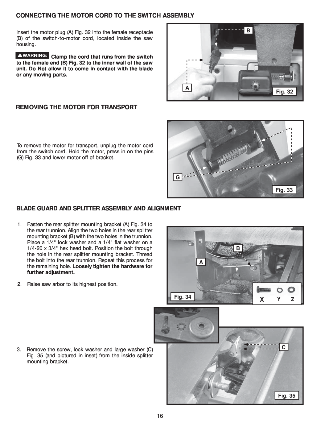 Delta 36-979, 36-978 instruction manual Connecting The Motor Cord To The Switch Assembly, Removing The Motor For Transport 