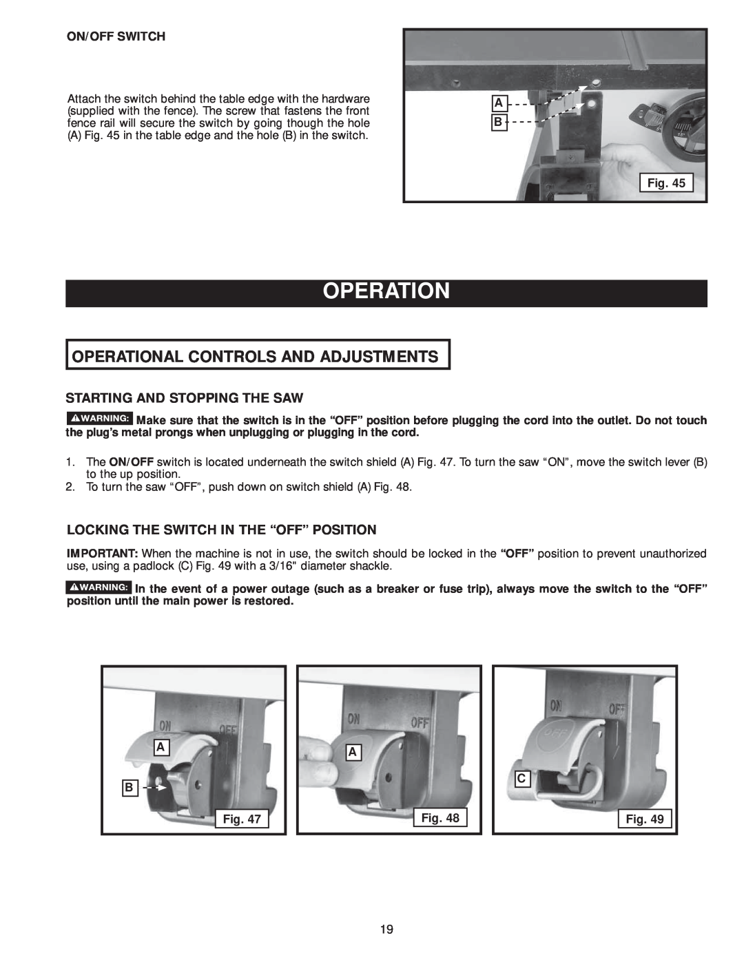 Delta 36-978, 36-979 instruction manual Operation, Starting And Stopping The Saw, Locking The Switch In The “Off” Position 