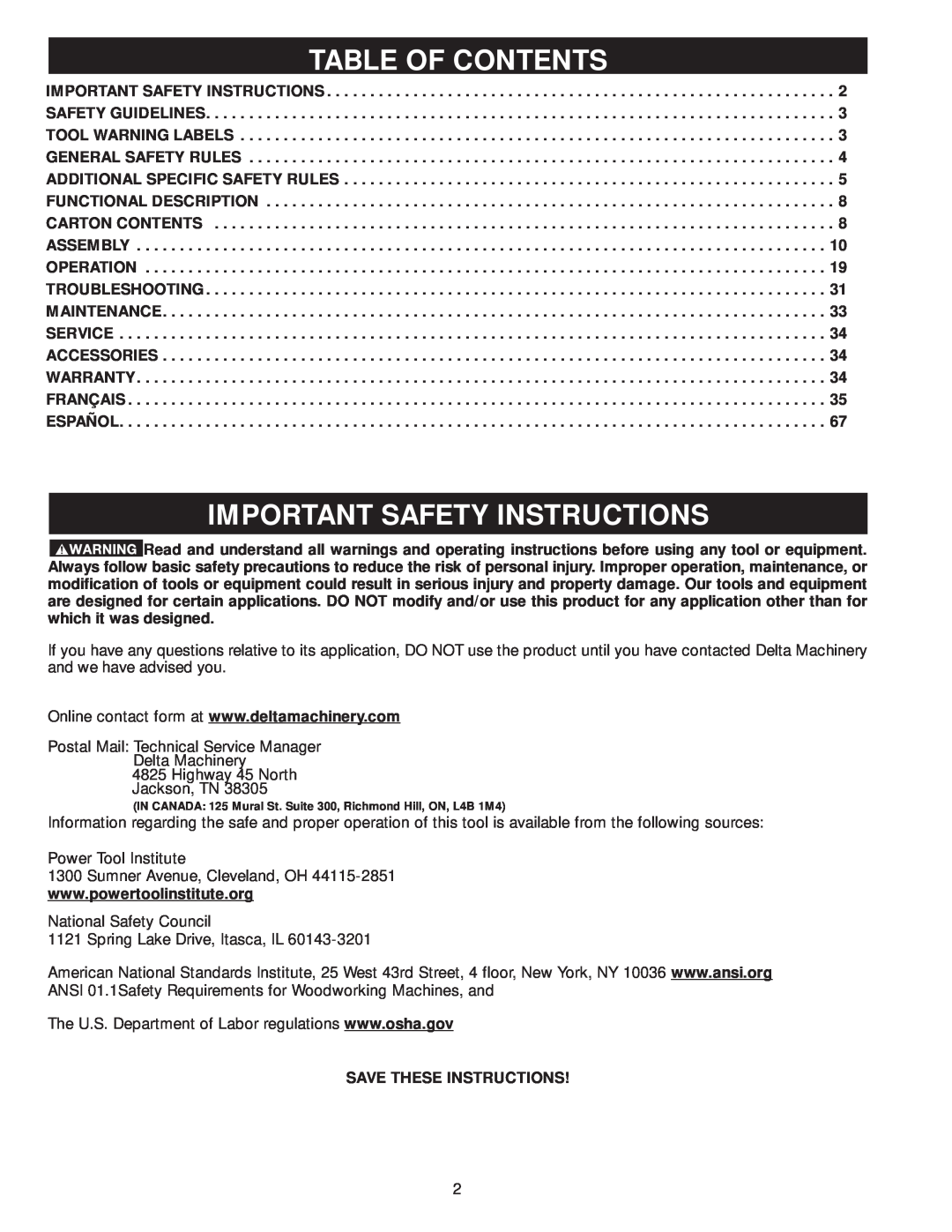 Delta 36-979, 36-978 instruction manual Table Of Contents, Important Safety Instructions, Save These Instructions 