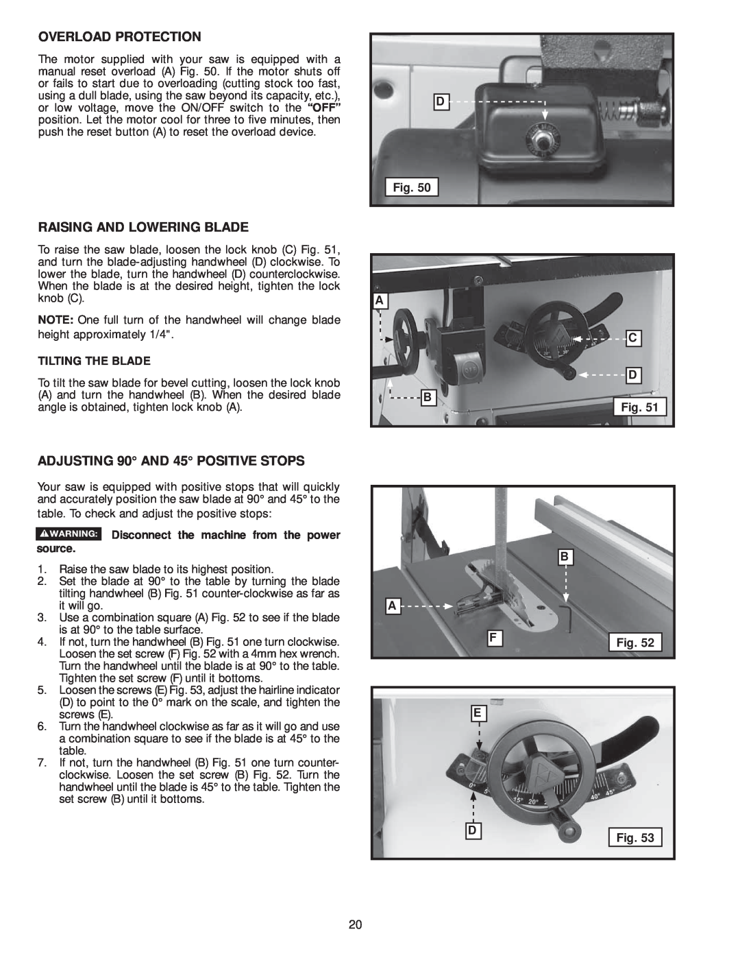 Delta 36-979, 36-978 instruction manual Overload Protection, Raising And Lowering Blade, ADJUSTING 90 AND 45 POSITIVE STOPS 
