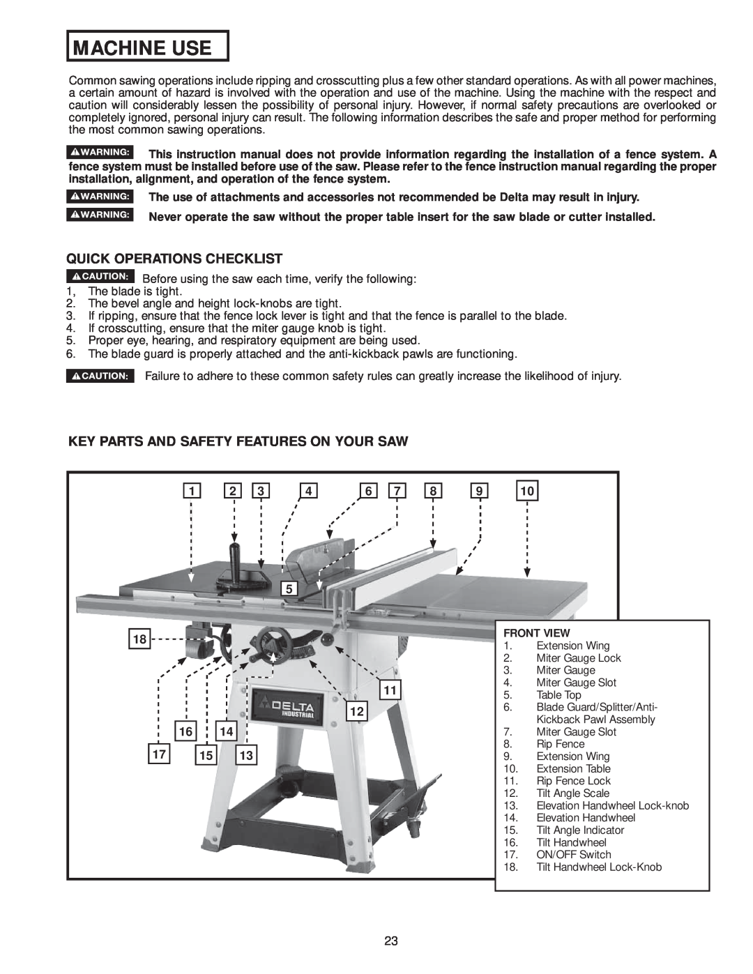 Delta 36-978, 36-979 instruction manual Machine Use, Quick Operations Checklist, Key Parts And Safety Features On Your Saw 