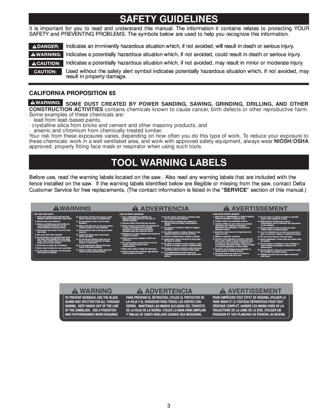 Delta 36-978, 36-979 instruction manual Safety Guidelines, Tool Warning Labels, California Proposition 