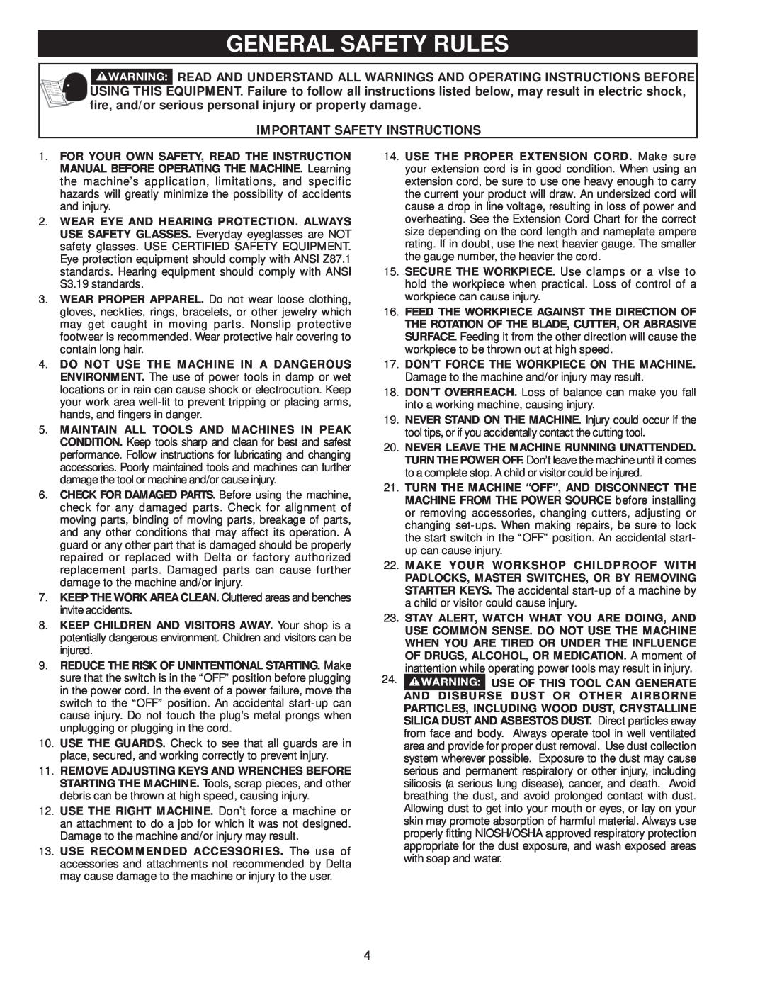 Delta 36-979, 36-978 instruction manual General Safety Rules, Important Safety Instructions 