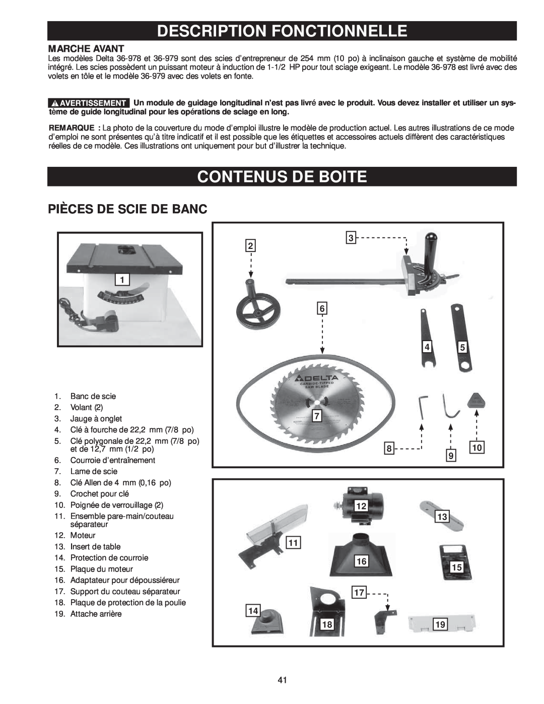 Delta 36-978, 36-979 instruction manual Description Fonctionnelle, Contenus De Boite, Pièces De Scie De Banc, Marche Avant 