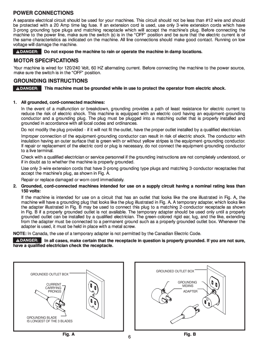 Delta 36-979, 36-978 instruction manual Power Connections, Motor Specifications, Grounding Instructions 