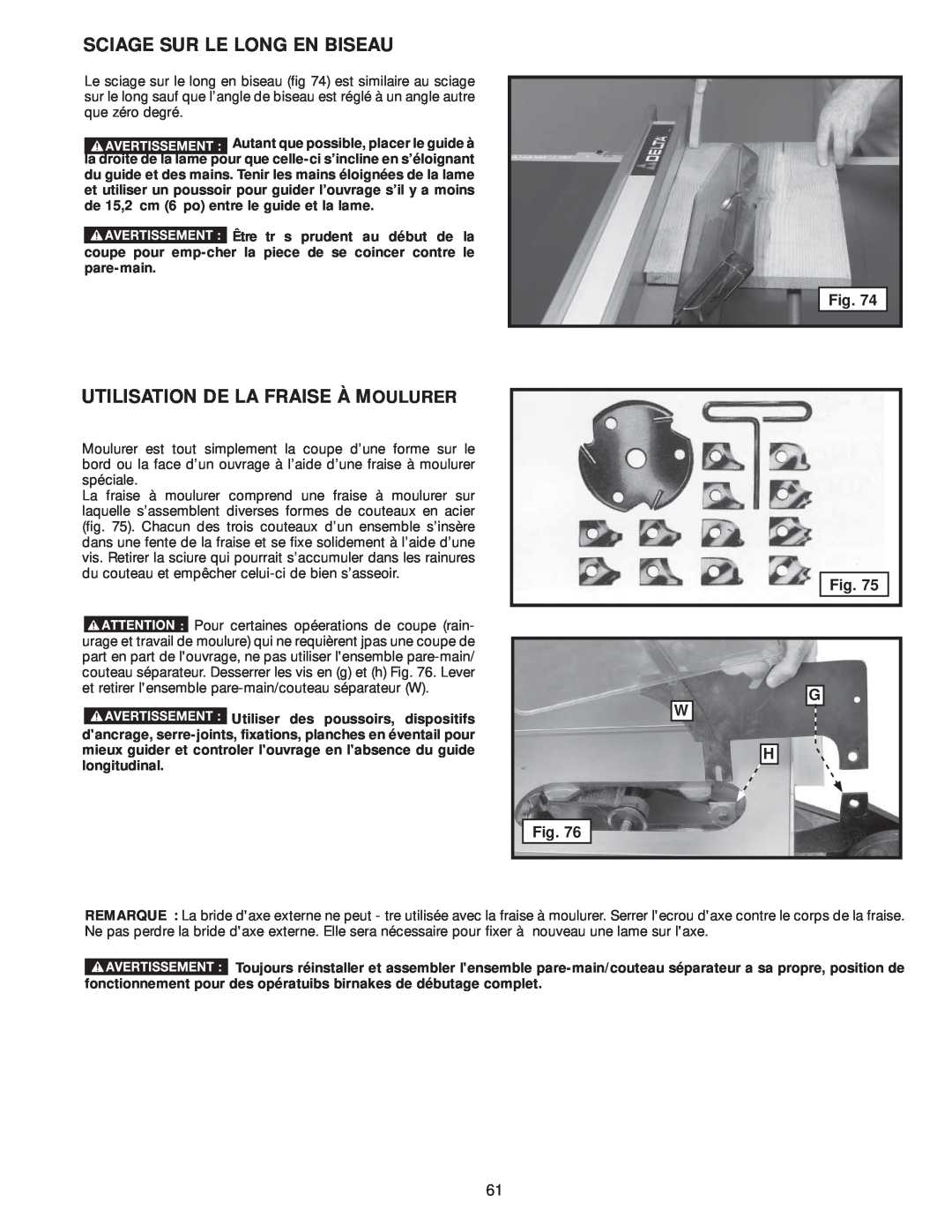 Delta 36-978, 36-979 instruction manual Sciage Sur Le Long En Biseau, Utilisation De La Fraise À Moulurer 