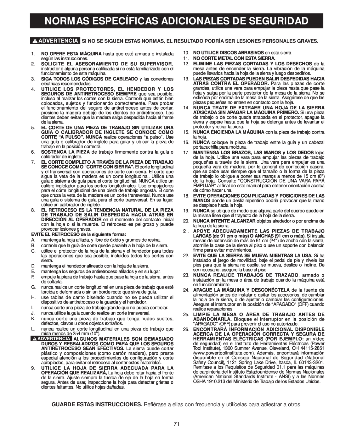 Delta 36-978, 36-979 instruction manual Normas Específicas Adicionales De Seguridad 