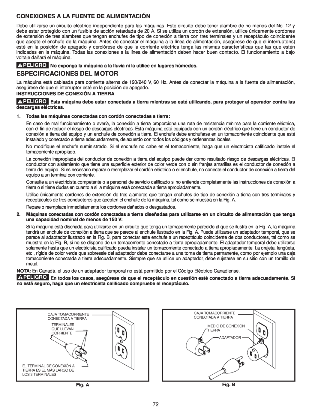 Delta 36-979, 36-978 instruction manual Especificaciones Del Motor, Conexiones A La Fuente De Alimentación 