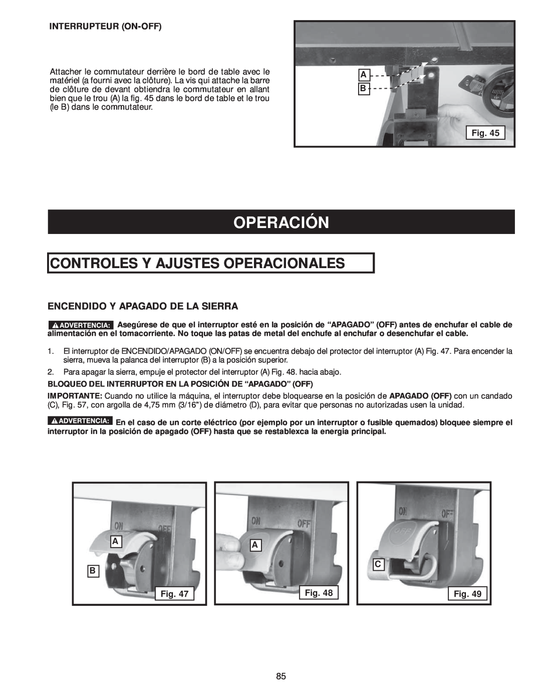 Delta 36-978, 36-979 instruction manual Operación, Controles Y Ajustes Operacionales, Encendido Y Apagado De La Sierra 