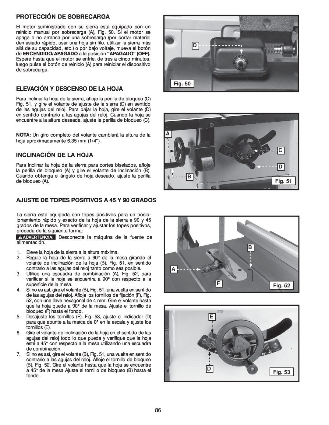 Delta 36-979, 36-978 instruction manual Protección De Sobrecarga, Elevación Y Descenso De La Hoja, Inclinación De La Hoja 