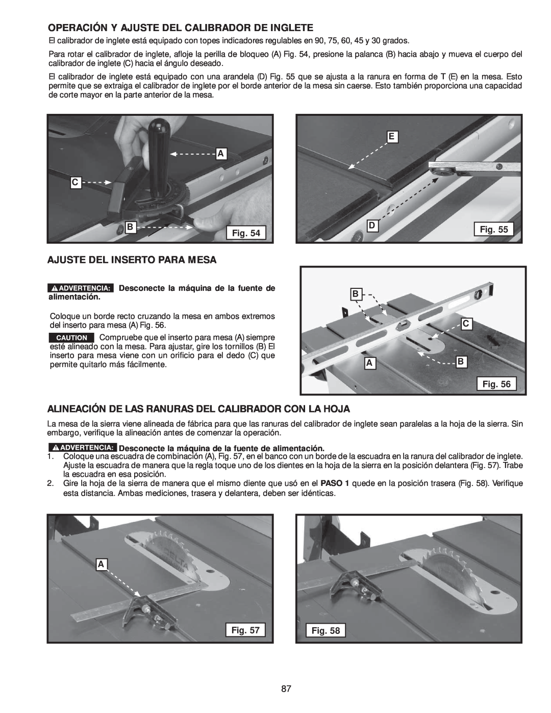 Delta 36-978, 36-979 instruction manual Operación Y Ajuste Del Calibrador De Inglete, Ajuste Del Inserto Para Mesa 