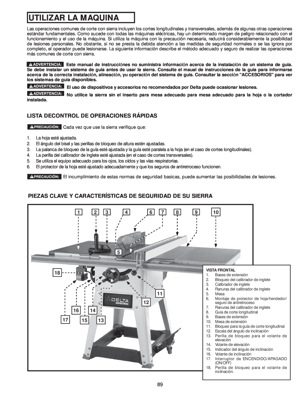 Delta 36-978, 36-979 instruction manual Utilizar La Maquina, Lista Decontrol De Operaciones Rápidas 