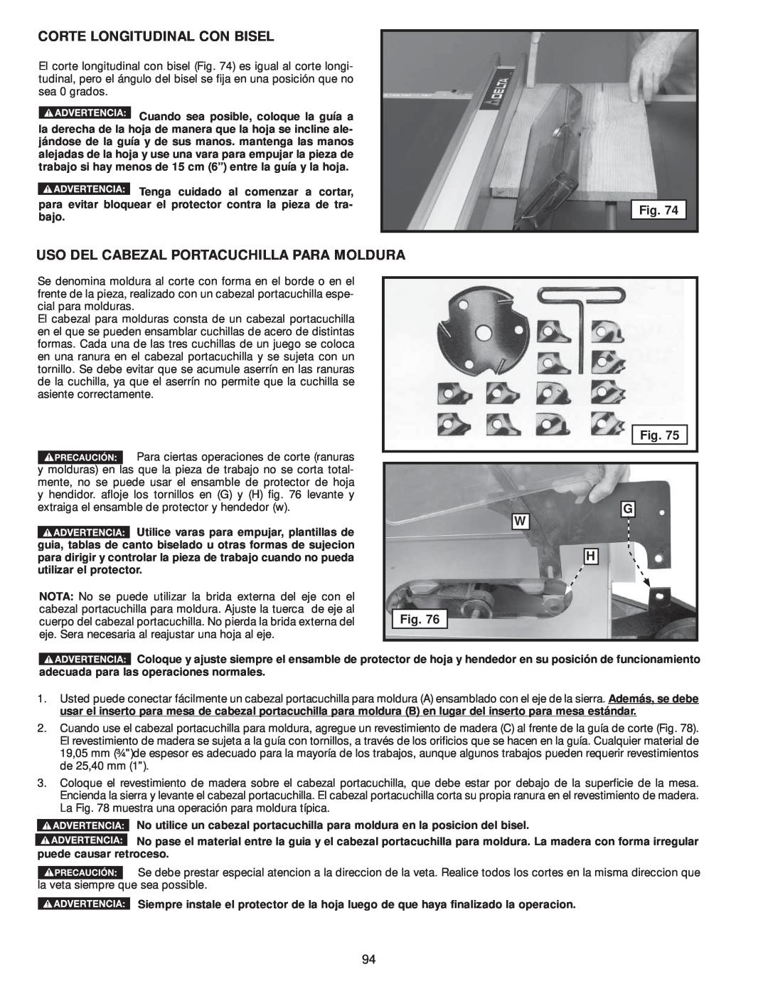 Delta 36-979, 36-978 instruction manual Corte Longitudinal Con Bisel, Uso Del Cabezal Portacuchilla Para Moldura 