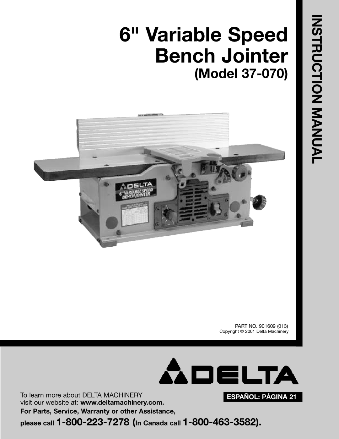 Delta 37-070 instruction manual Variable Speed Bench Jointer 