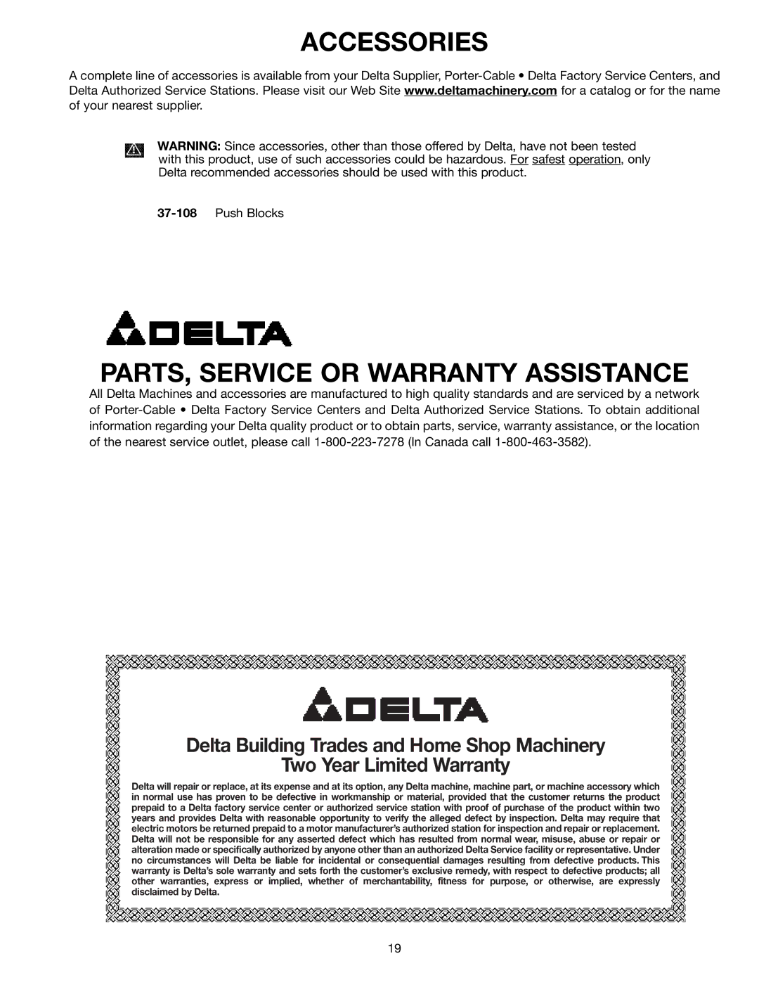 Delta 37-070 instruction manual Accessories, PARTS, Service or Warranty Assistance 