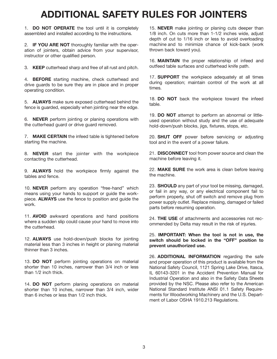 Delta 37-070 instruction manual Additional Safety Rules for Jointers 