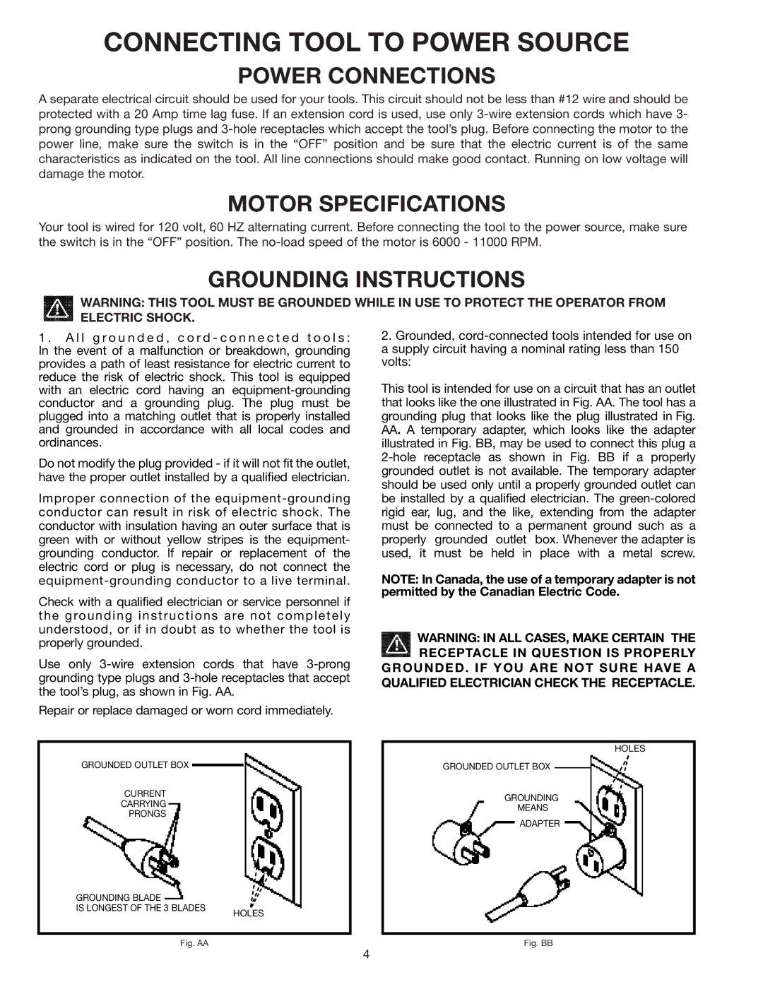 Delta 37-070 instruction manual Connecting Tool to Power Source, Power Connections 